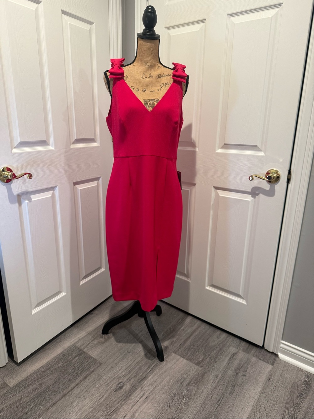 Eliza J Hot Pink V-Neck Midi Dress with Bow Shoulder Details